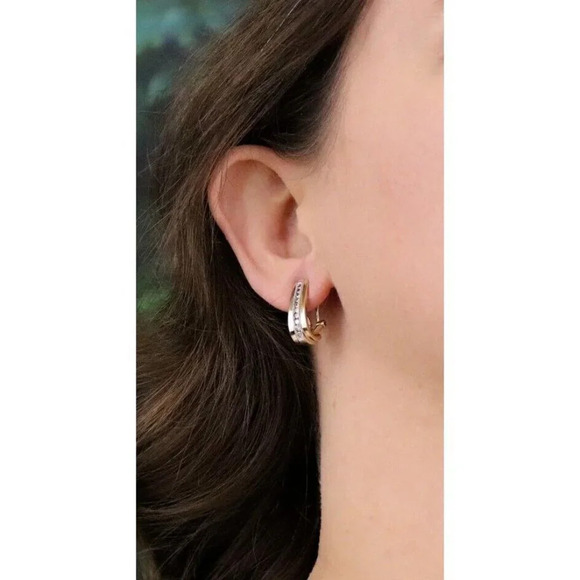 10k Yellow Gold & White Gold Diamond Hoop Earrings Omega Back - Picture 4 of 8